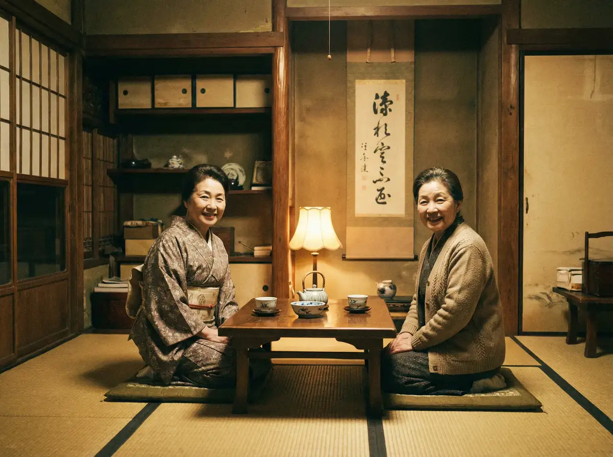 两位优雅的 兔子先生 在日式茶室中品茶交谈